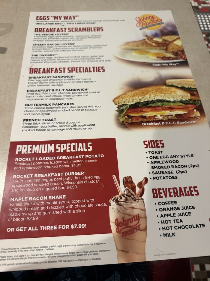 A Johnny Rockets breakfast menu on Harmony of the Seas; only three premium specials carry a price.