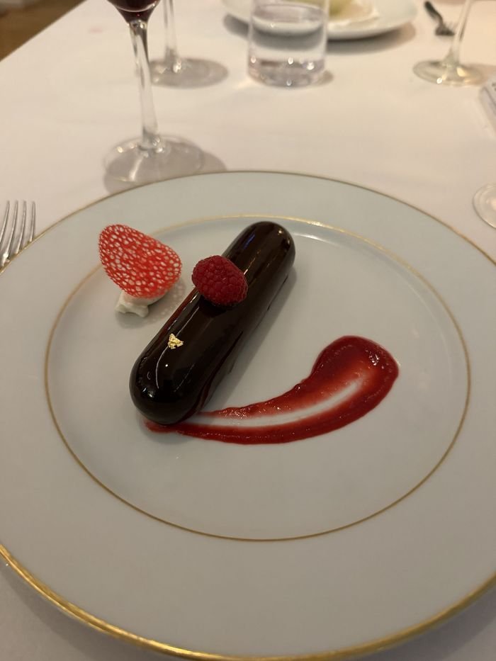 A glossy dark chocolate cylinder topped with a raspberry and a fleck of gold leaf, with a swoosh of raspberry sauce on a gold-rimmed plate.