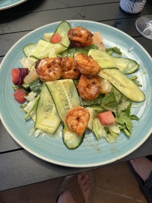 Grilled shrimp with a reddish spice crust arranged over mixed greens with long ribbons of cucumber, cubes of watermelon, citrus segments and a pale herb dressing on a pale blue plate
