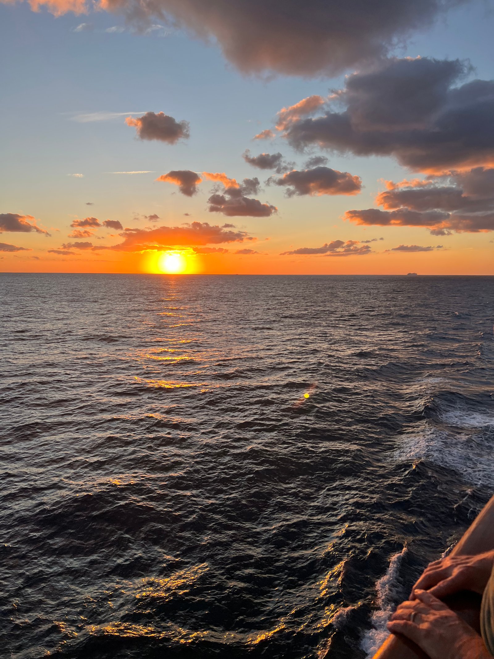 Hand resting on a cruise ship railing at golden hour over calm ocean water.
